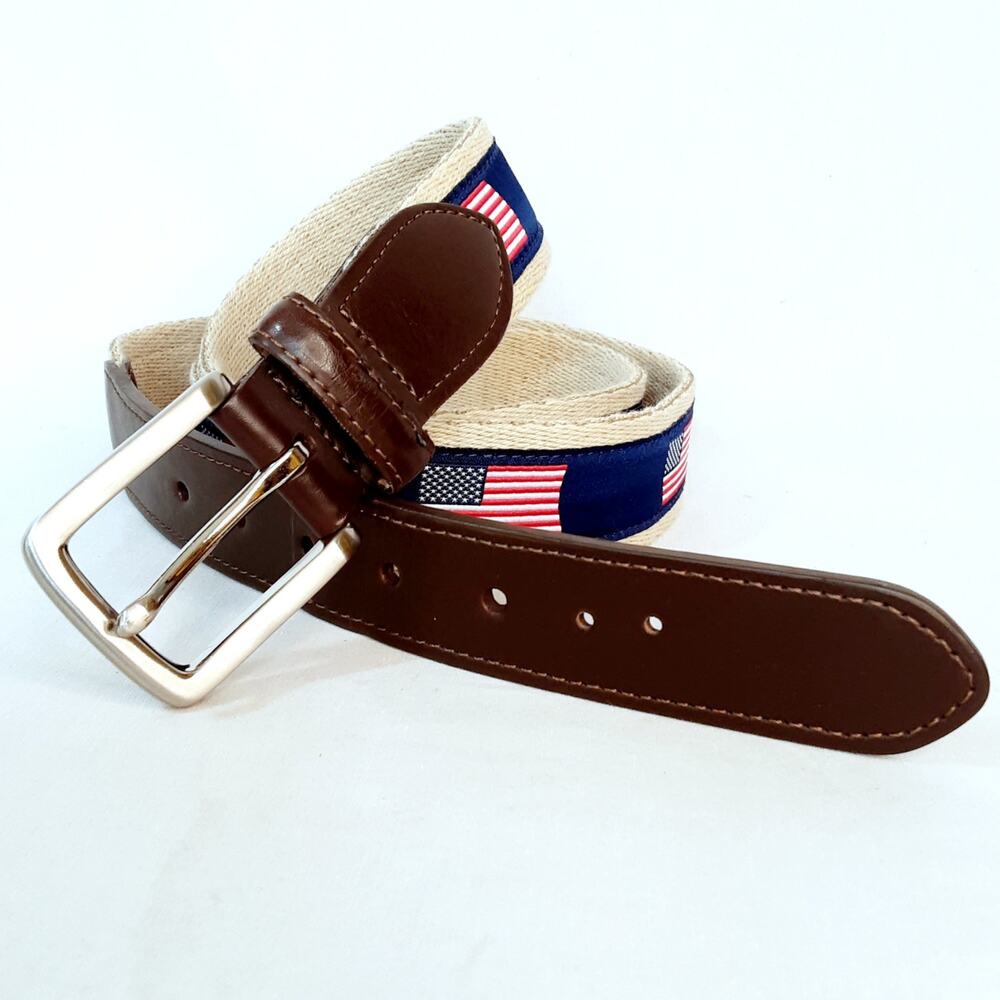 💎US Flag Ribbon Motif On Canvas Surcingle Belt Size XL Made Dominican Republic